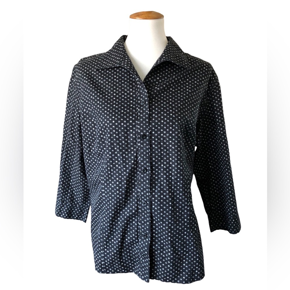 Chico's Women's Button Down Shirt Size 3 / XL Black 3/4 Sleeve‎ Non Iron Cotton